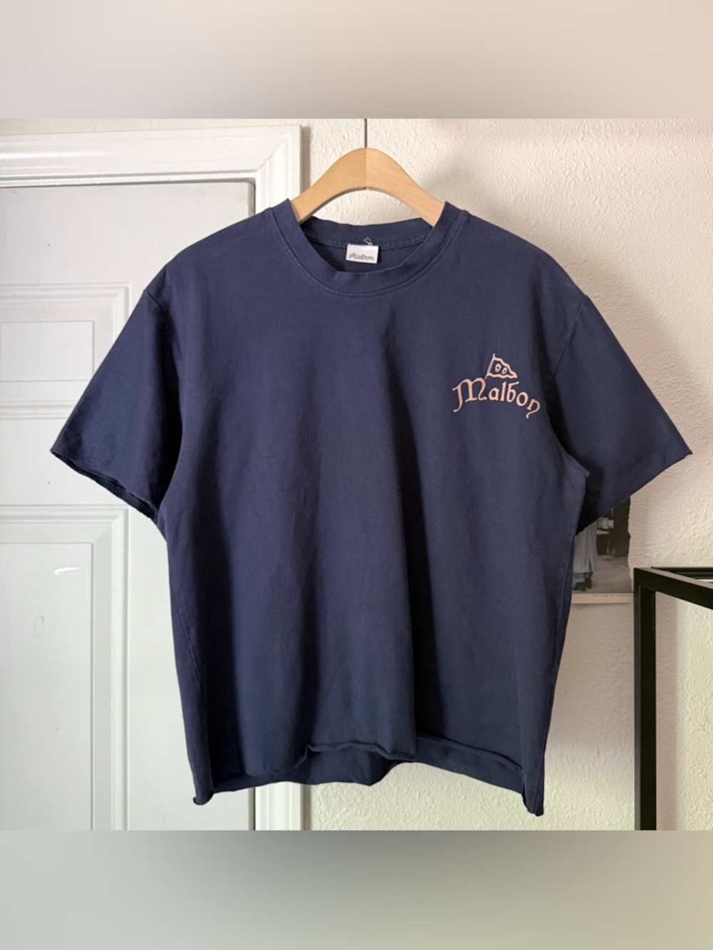MALBON navy golf logo graphic crew neck knit boxy raw fray hem tee cropped